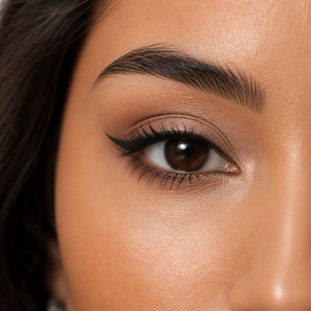 Close-up of almond-shaped brown eyes with a soft taupe wash, a defined crease, and a thin lifted wing on medium skin