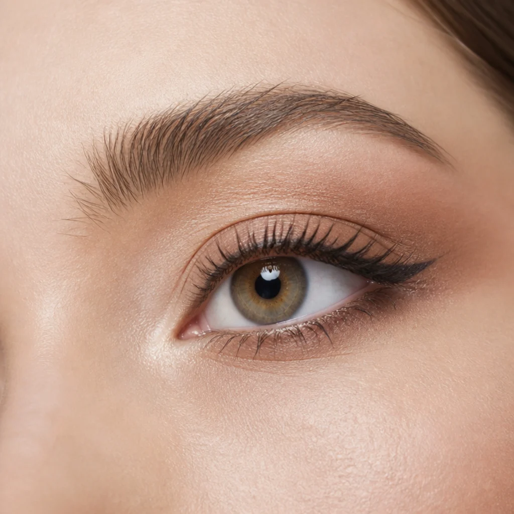 Close-up of large round hazel eyes elongated with brown liner extended horizontally past the outer corner on fair skin