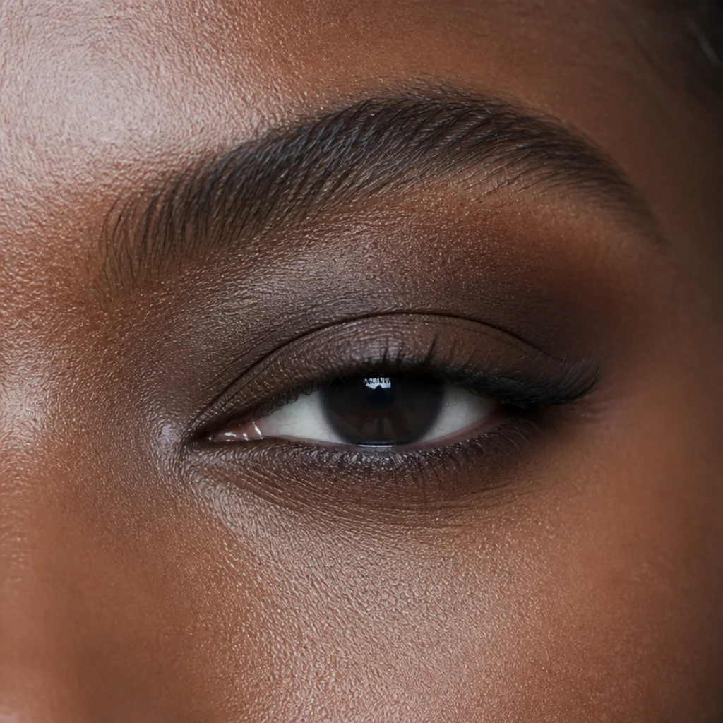 Close-up of hooded eyes with an extra skin fold and smoked cool-brown shadow placed above the natural crease so it shows with eyes open on deep skin