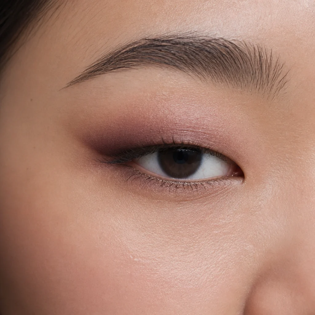 Close-up of monolid eyes with a smooth lid and a gradient smoked plum built up from the lash line on light-tan skin