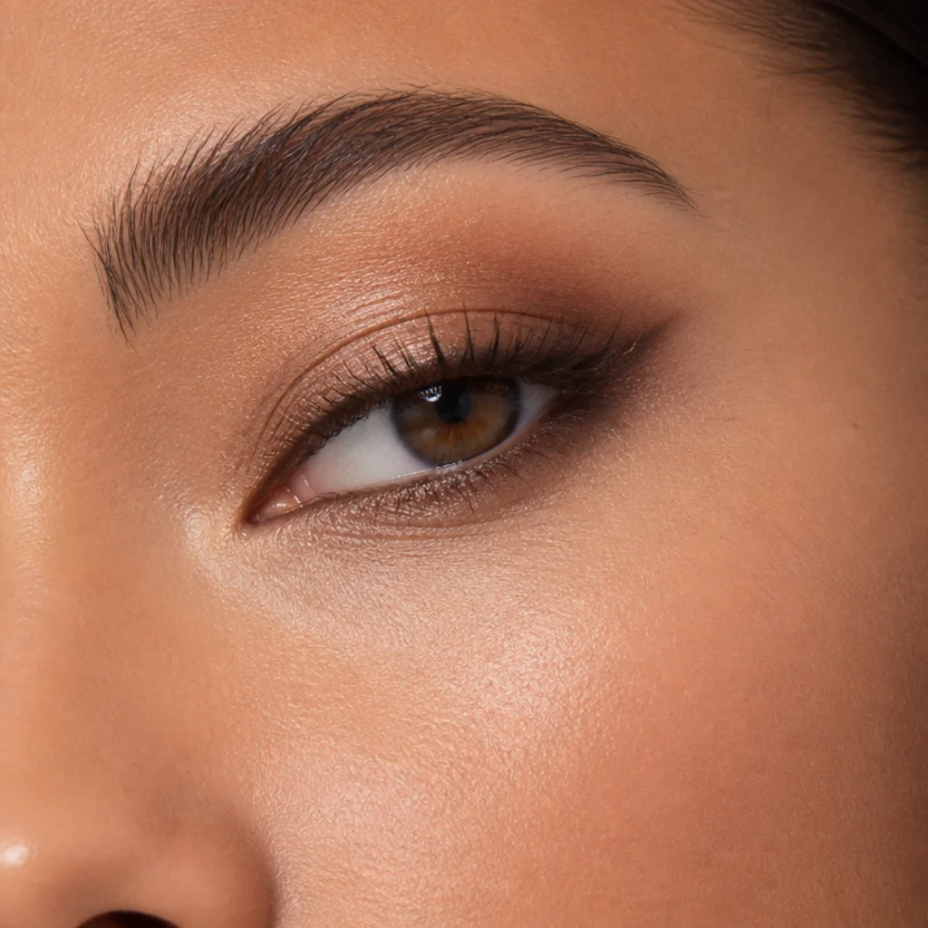 Close-up of upturned eyes lifting at the outer corner with warm bronze shadow and a soft smudge along the outer lower lash line on olive skin