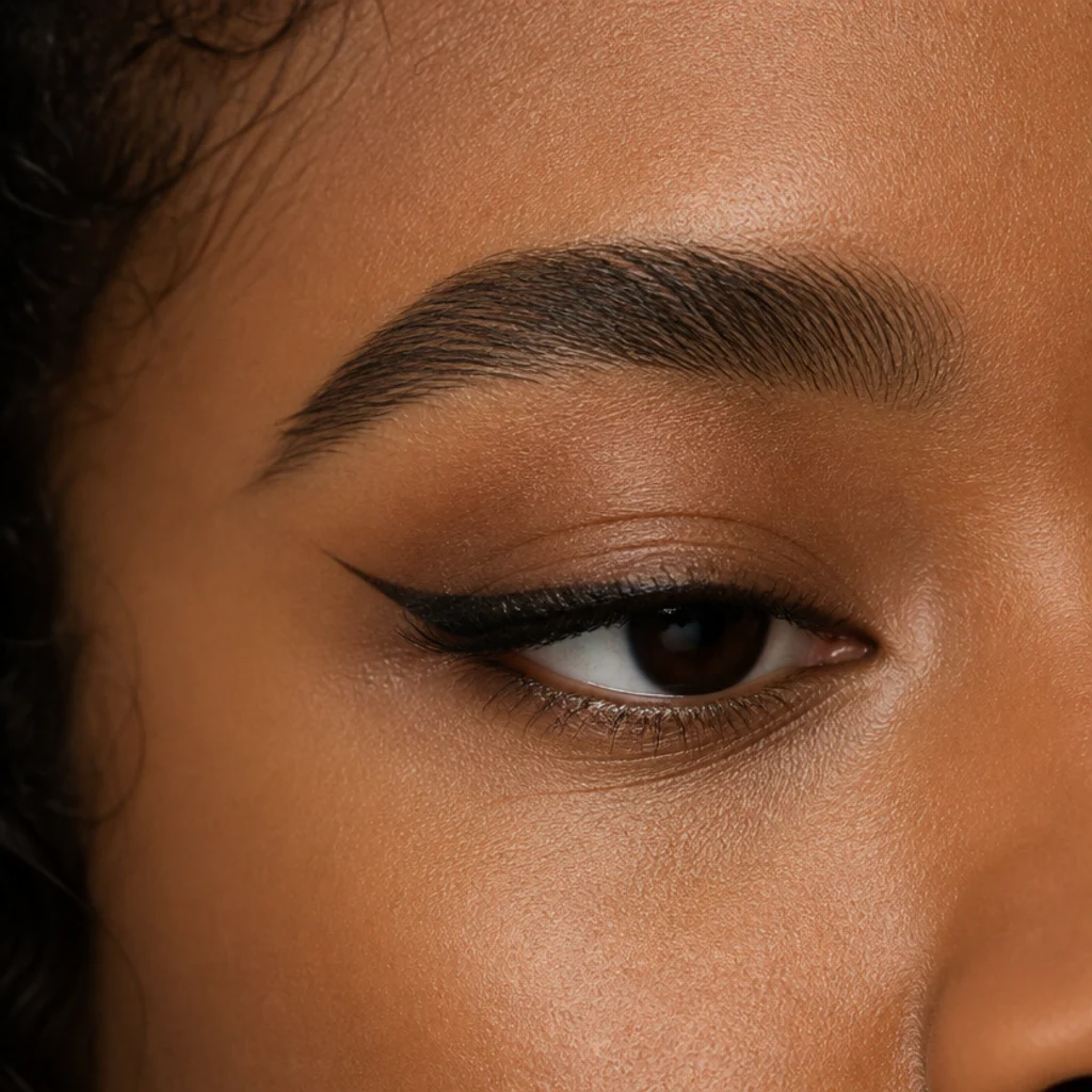Close-up of downturned eyes with outer corners angled down, lifted by a small upward flick of black liner aimed at the brow tail on medium-deep skin