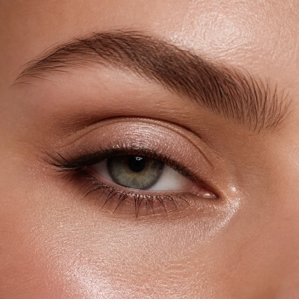 Close-up of deep-set eyes tucked under a strong brow bone, lid brought forward with light shimmer and a soft, well-blended mid-tone crease on fair skin