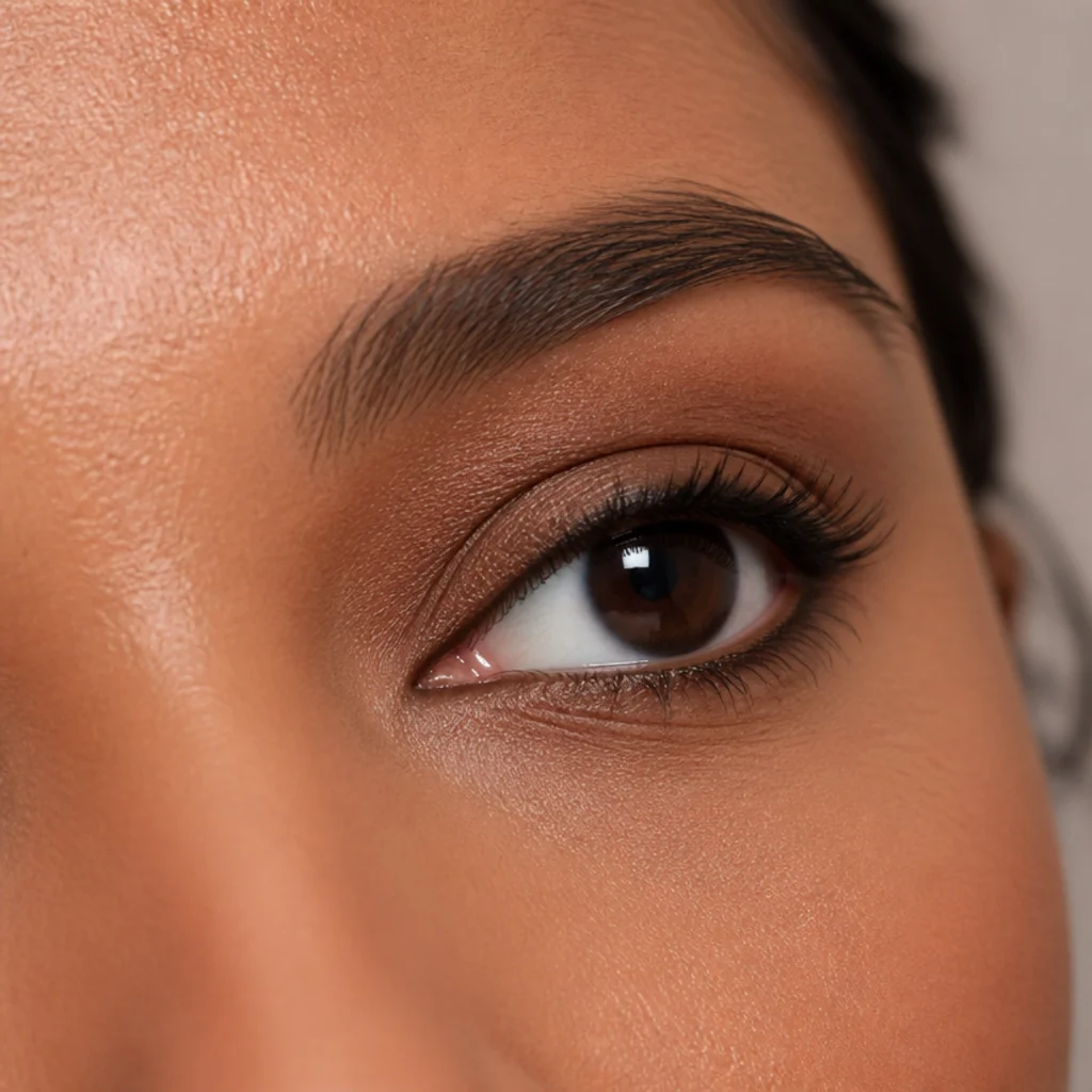 Close-up of protruding eyes with fuller lids softened by a matte medium-brown shadow blended over the whole lid and into the crease on tan skin