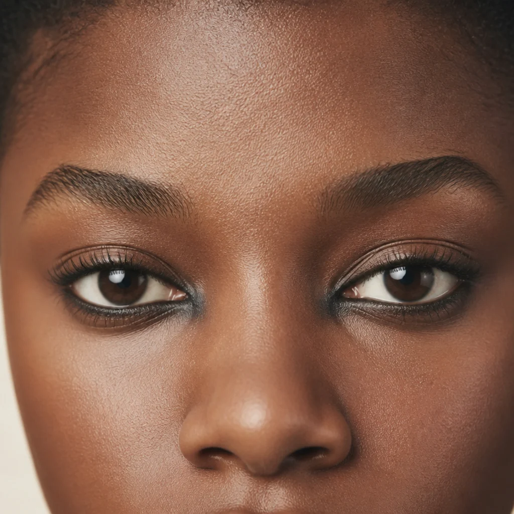 Close-up of wide-set eyes with darker shadow and liner concentrated toward the inner corners to close the gap on deep skin