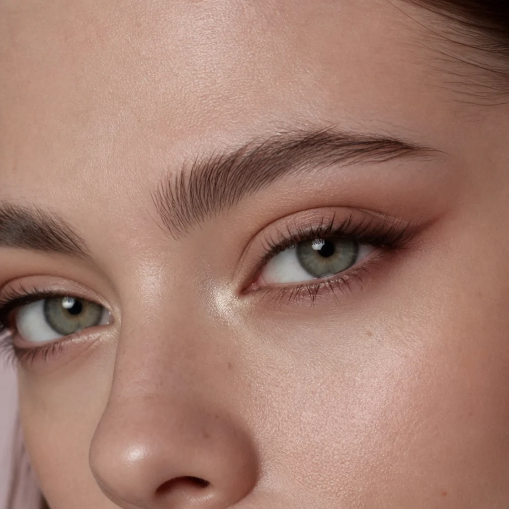 Close-up of close-set eyes brightened with a pale inner-corner highlight while shadow and liner draw outward toward the temple on light skin