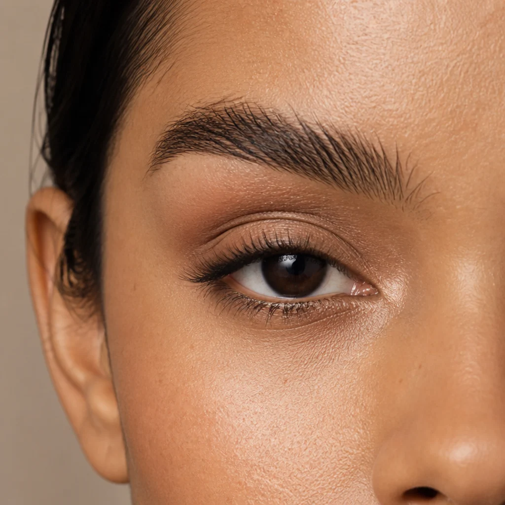 Close-up of eyes beneath a strong prominent brow bone with soft neutral lid color, an inner-corner highlight, and minimal brow-bone shimmer on medium skin