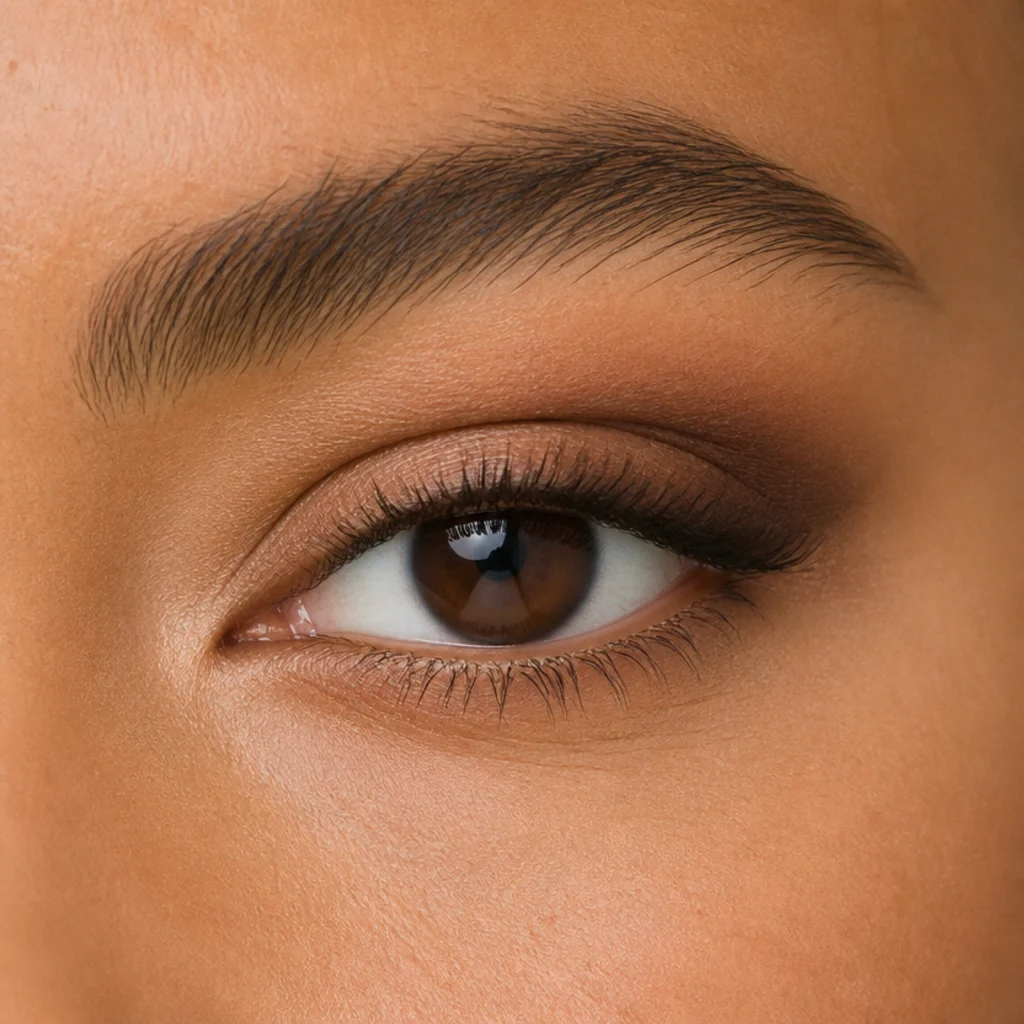 Close-up of eyes with a partial low crease and a gradient smoked liner blended softly upward from the lash line on light-tan skin