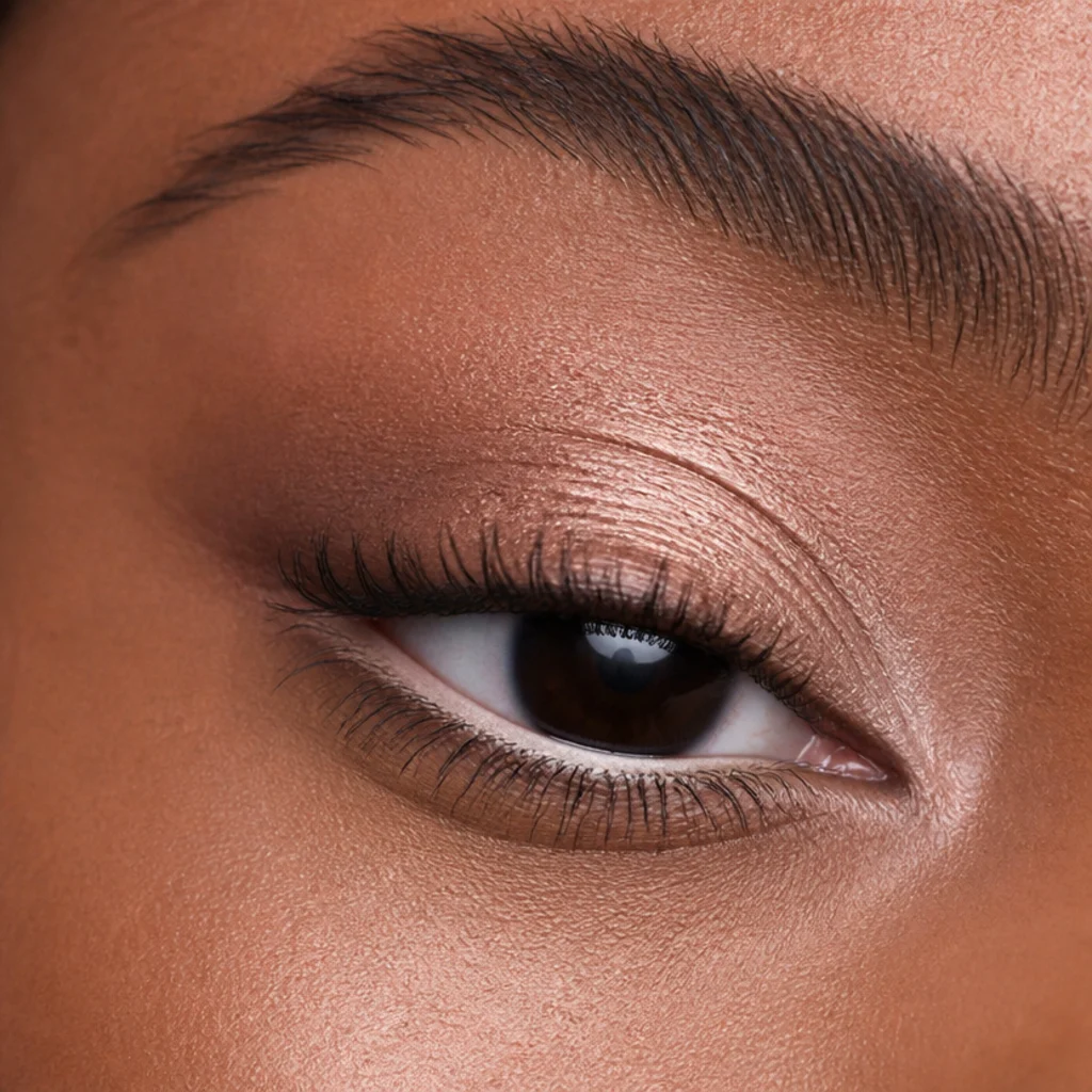 Close-up of small eyes opened up with a pale waterline pencil, light lid shimmer, tightlined upper lashes, and curled separated lashes on deep skin