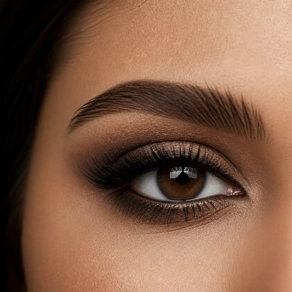 Close-up of large expressive eyes balanced with a deeper well-blended smoked crease and full lashes on olive skin