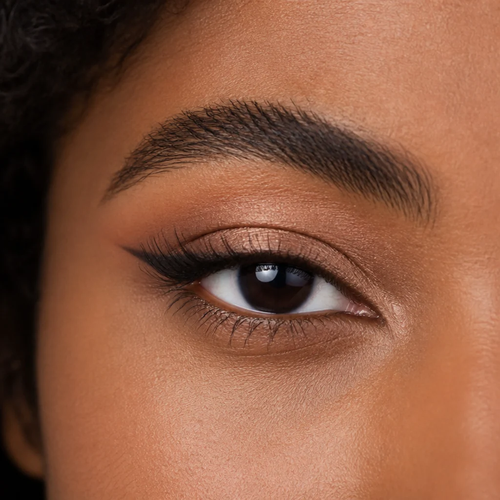 Close-up of almond-hooded combination eyes with a lifted outer wing set above the fold and longer outer lashes countering the hood on medium-deep skin