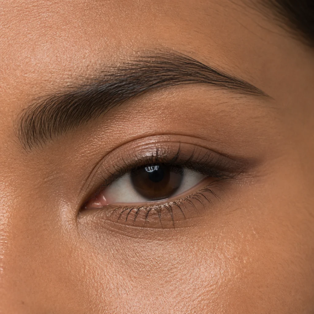 Close-up of eyes with softly turned-down outer corners lifted by a subtle upward smudge of bronze liner blended at the tail on tan skin