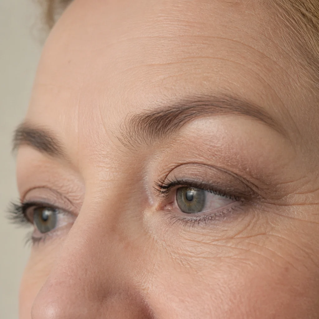 Close-up of mature heavy-lidded eyes with matte neutral shadow, soft tightlining, and natural skin texture showing on fair skin