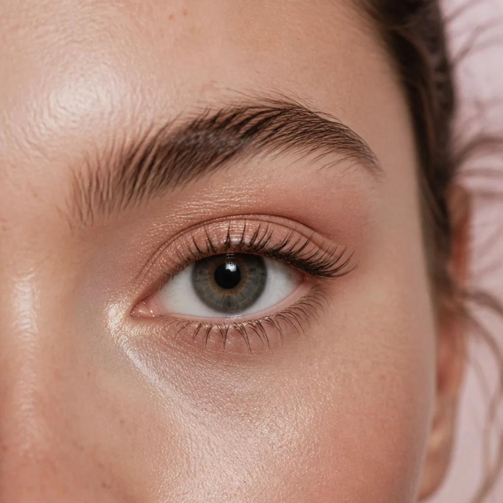 Close-up of wide, doe-shaped eyes with a rounded lash map, soft rosy lid shimmer, and a nude lower waterline on light skin