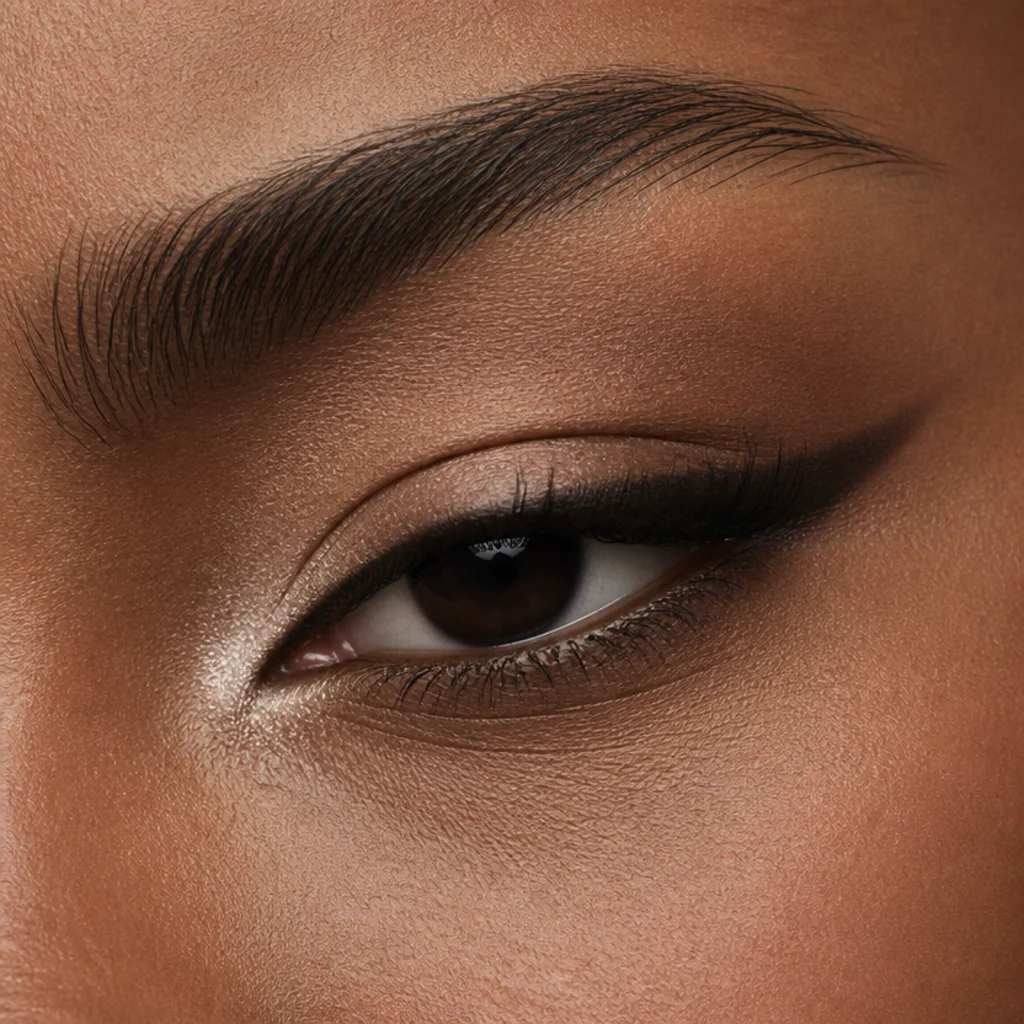 Close-up of narrow, elongated cat-shaped eyes with a sleek extended wing and a smoked outer corner on deep skin