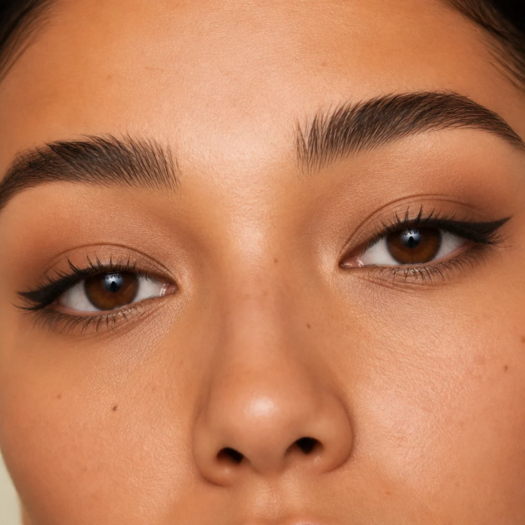 Close-up of gently asymmetrical eyes with liner adjusted per eye for visual balance and a soft neutral shadow on medium skin