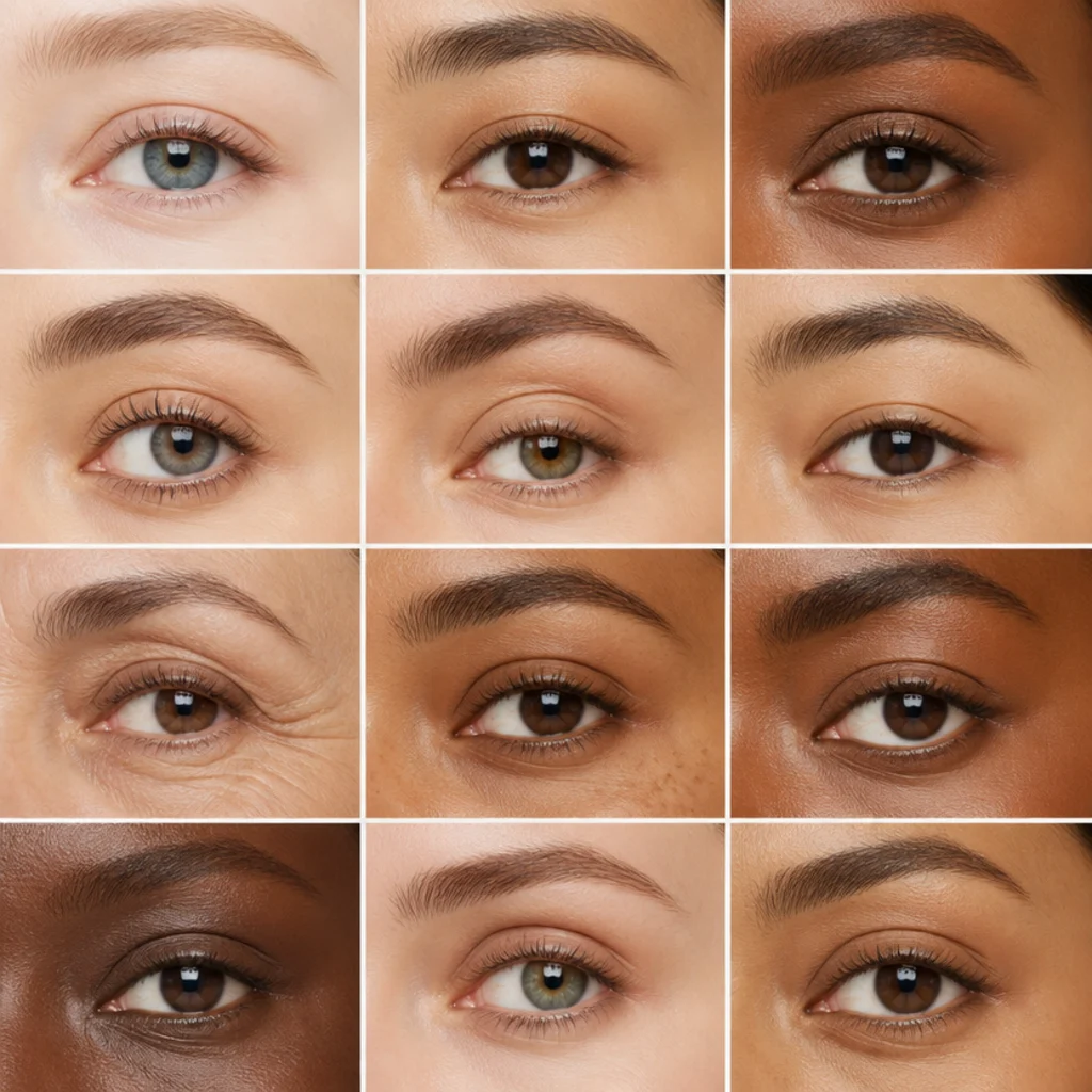 Editorial close-up chart of twelve models showing different eye shapes with soft neutral eye makeup