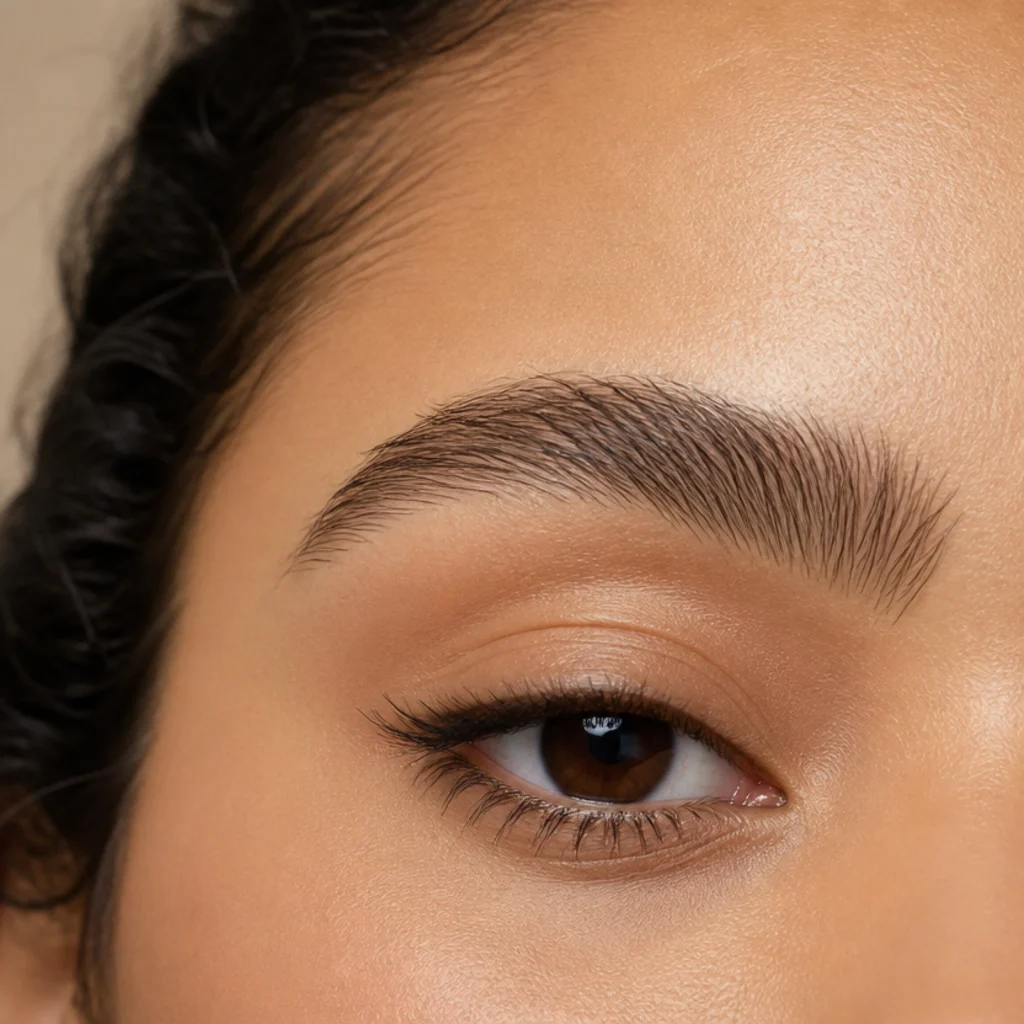 Close-up of a hooded eye with a soft rounded brow arch and lightly brushed-up hairs
