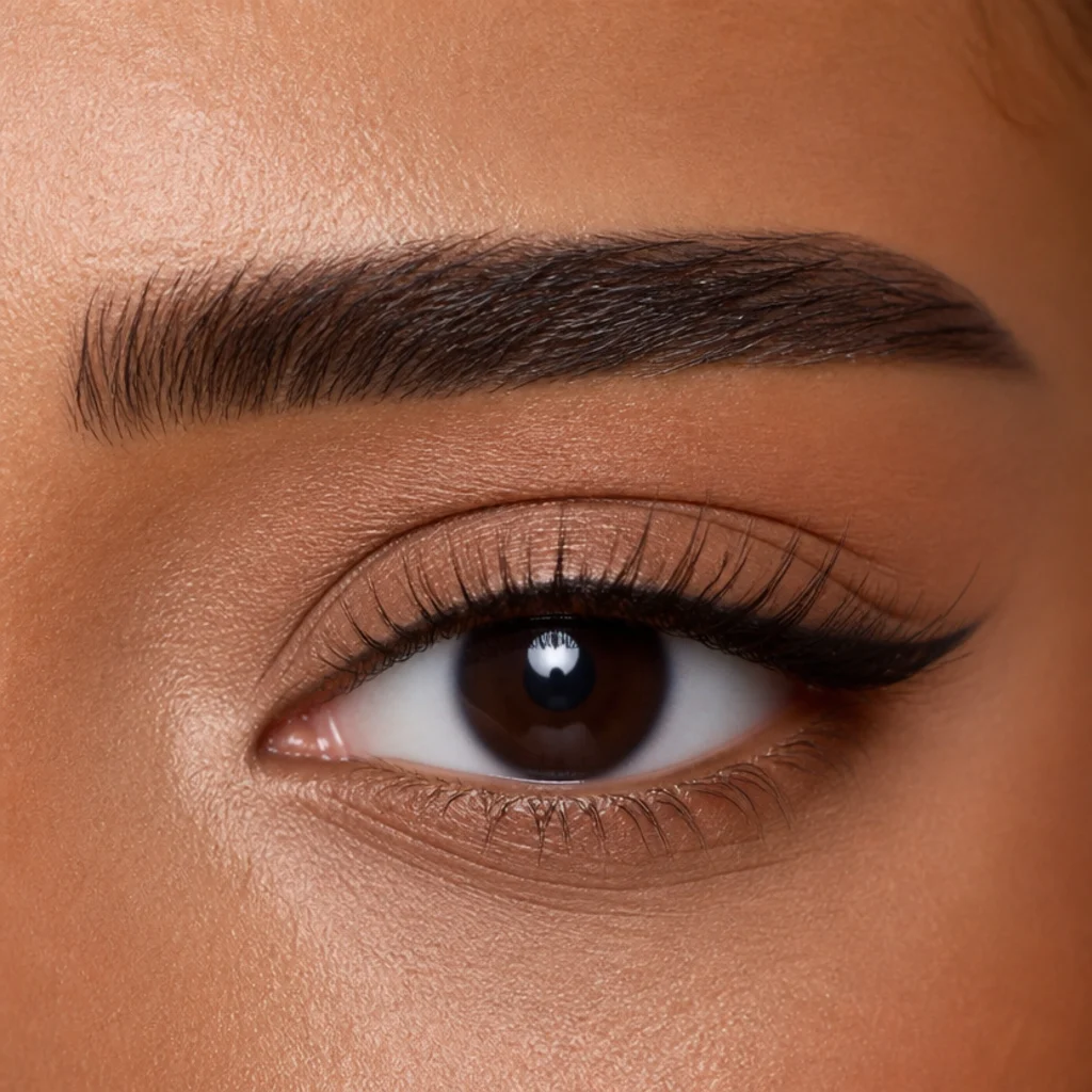 Round eye with a straight horizontal bar brow and minimal arch