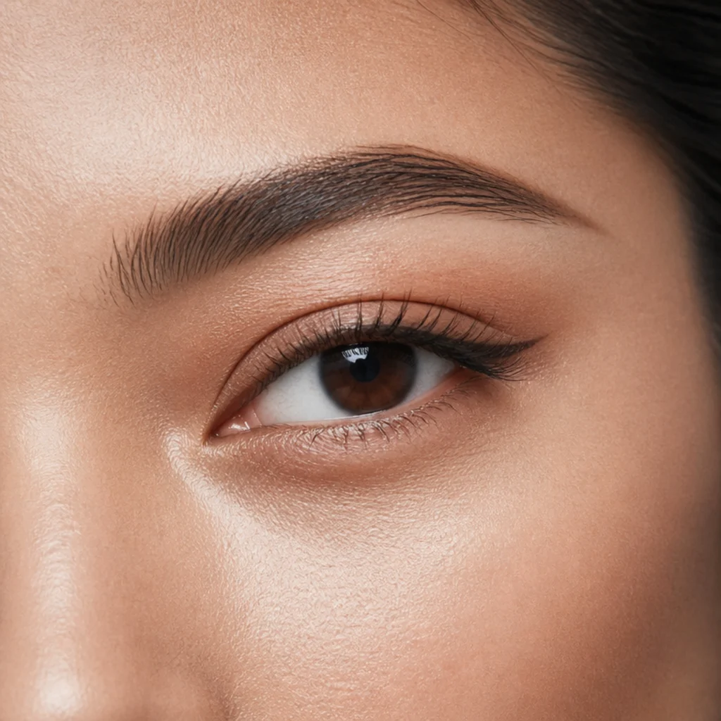 Almond eye with a defined lifted-tail eyebrow shape and clean arch