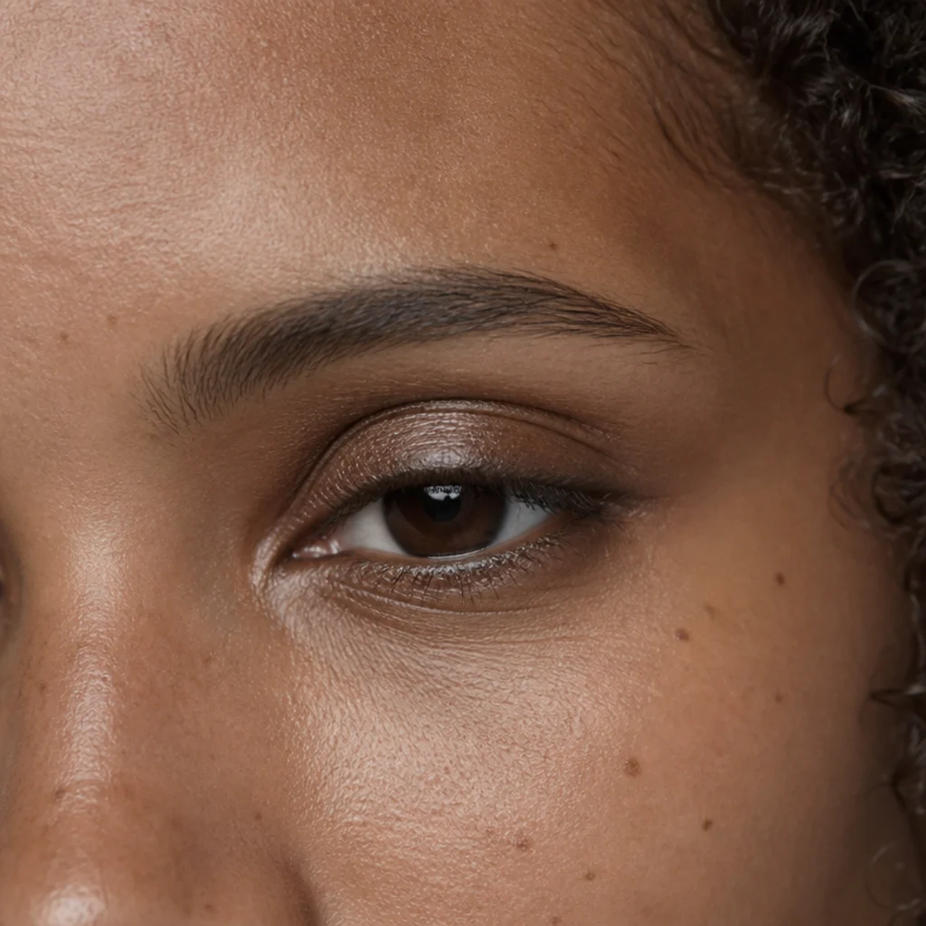 Deep-set eye with a low, gently arched brow sitting closer to the lash line