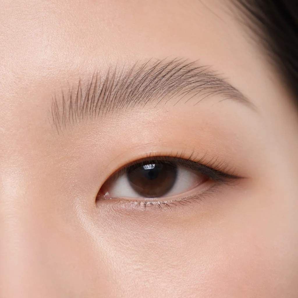Monolid eye with a feathered brushed-up eyebrow shape and soft texture