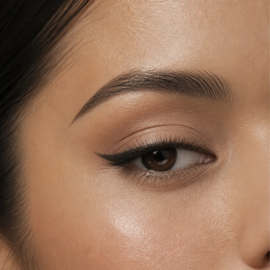 Downturned eye with a high defined brow arch lifting the outer corner