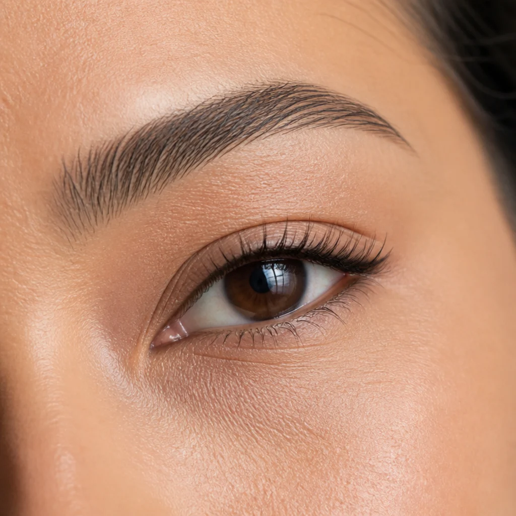 Upturned eye with a soft angled eyebrow shape and balanced arch