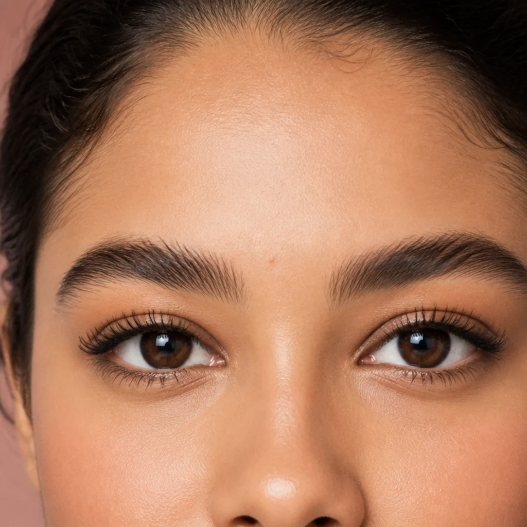 Close-set eyes with fuller rounded brows and a slightly extended tail
