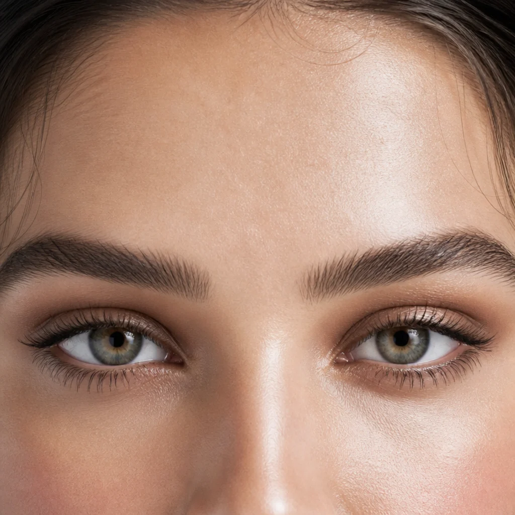 Wide-set eyes with brows featuring stronger inner definition and extended shape