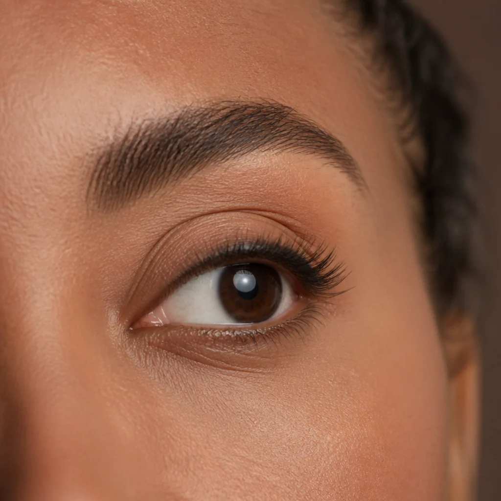 Protruding eye with a fuller tapered natural brow that adds balance