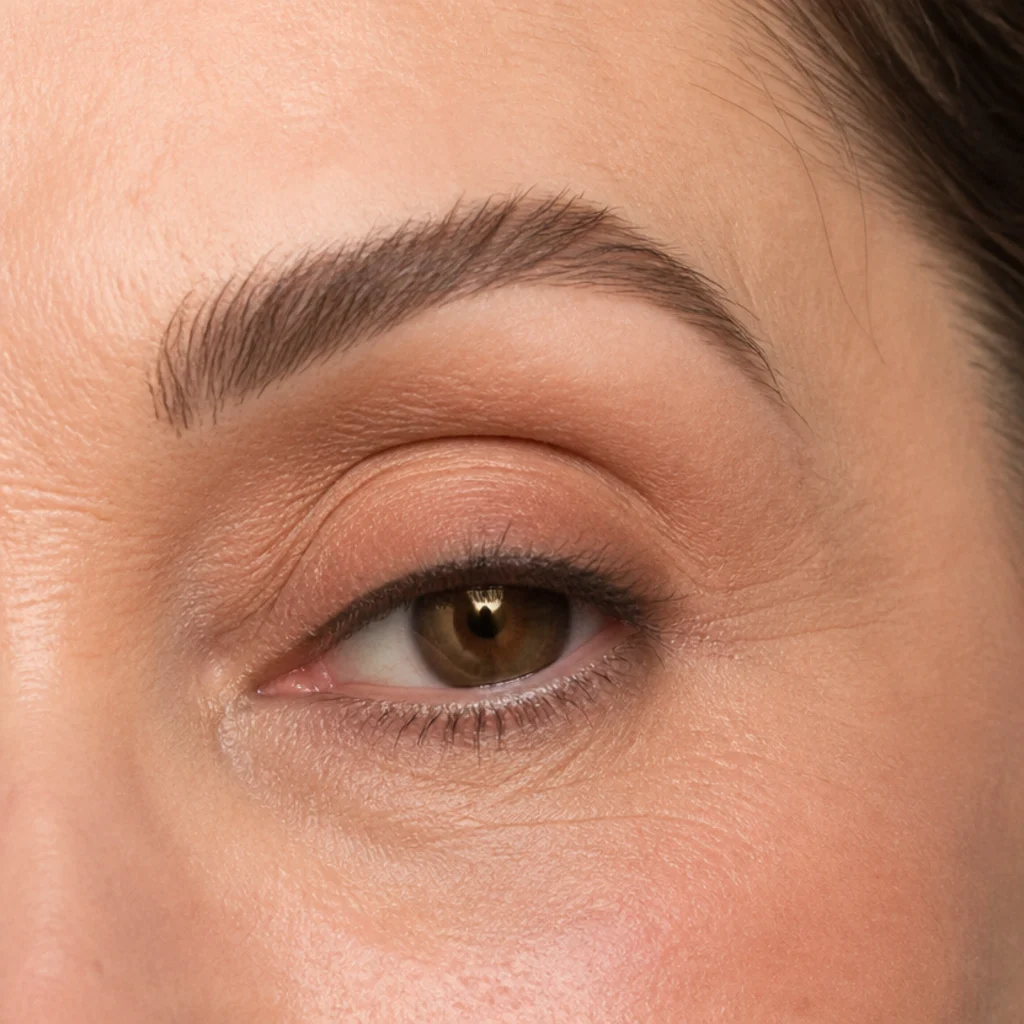 Mature hooded lid with a structured S-curve eyebrow shape adding lift