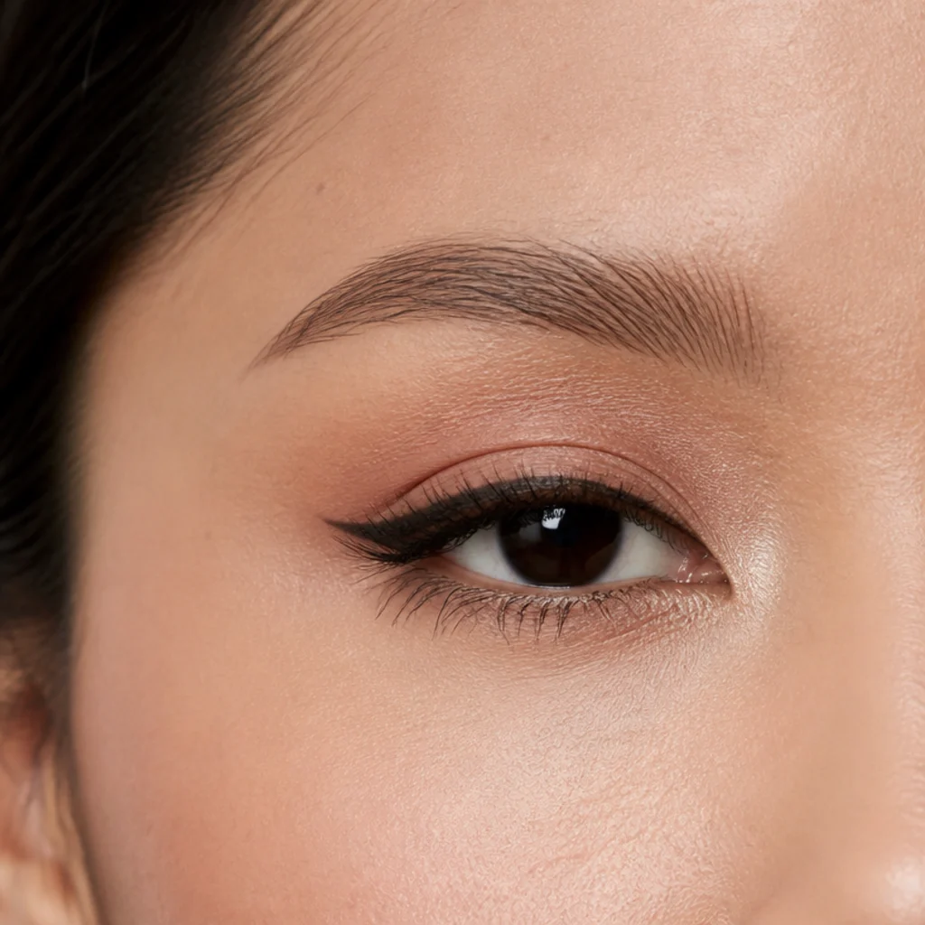 Small eye with a soft feathered fluffy brow that keeps proportions light