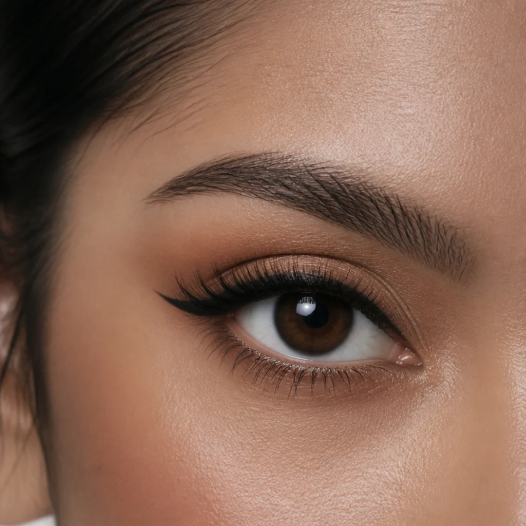 Large eye with a balanced medium eyebrow arch that keeps focus even