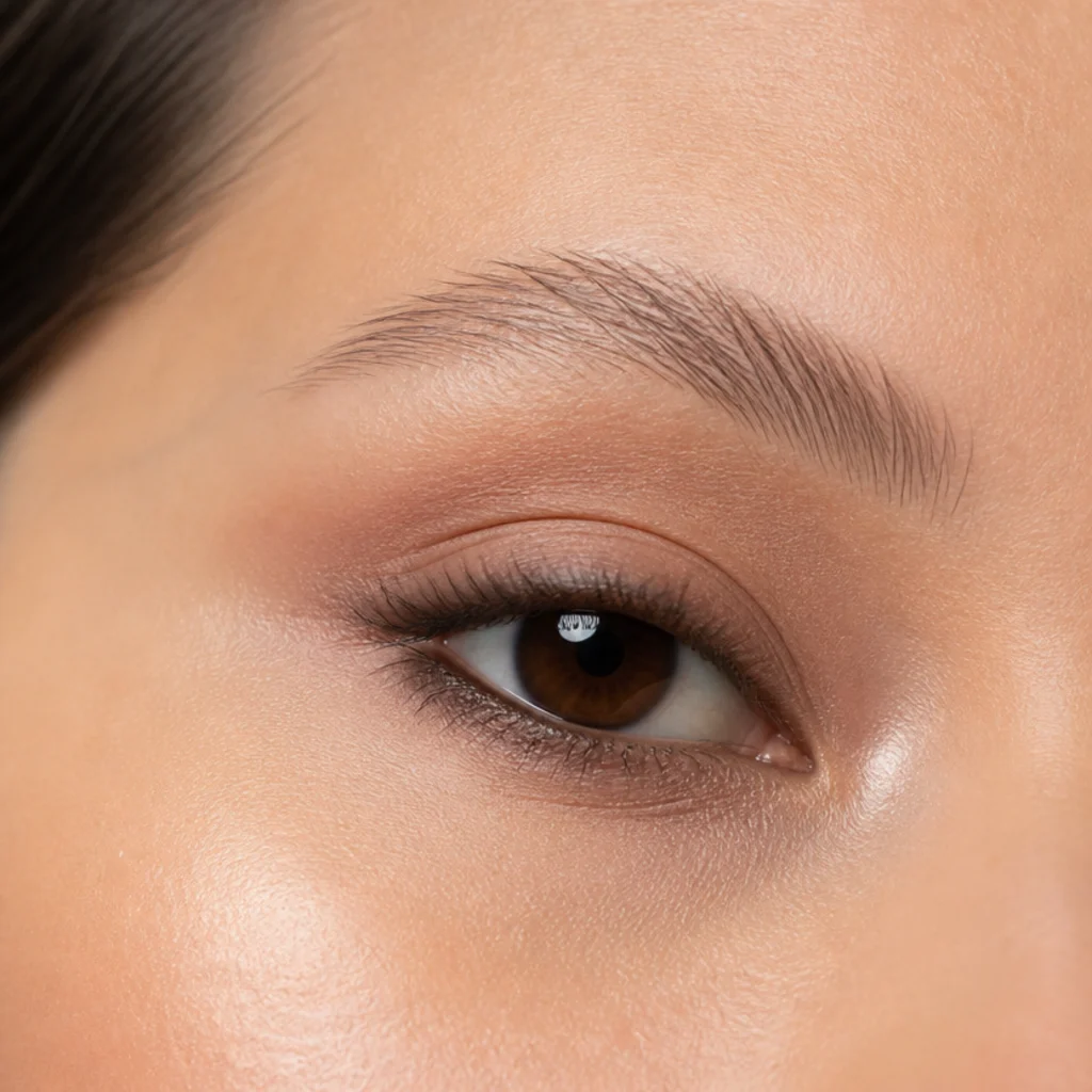 Sparse brow filled with a soft diffused powder eyebrow shape and natural finish