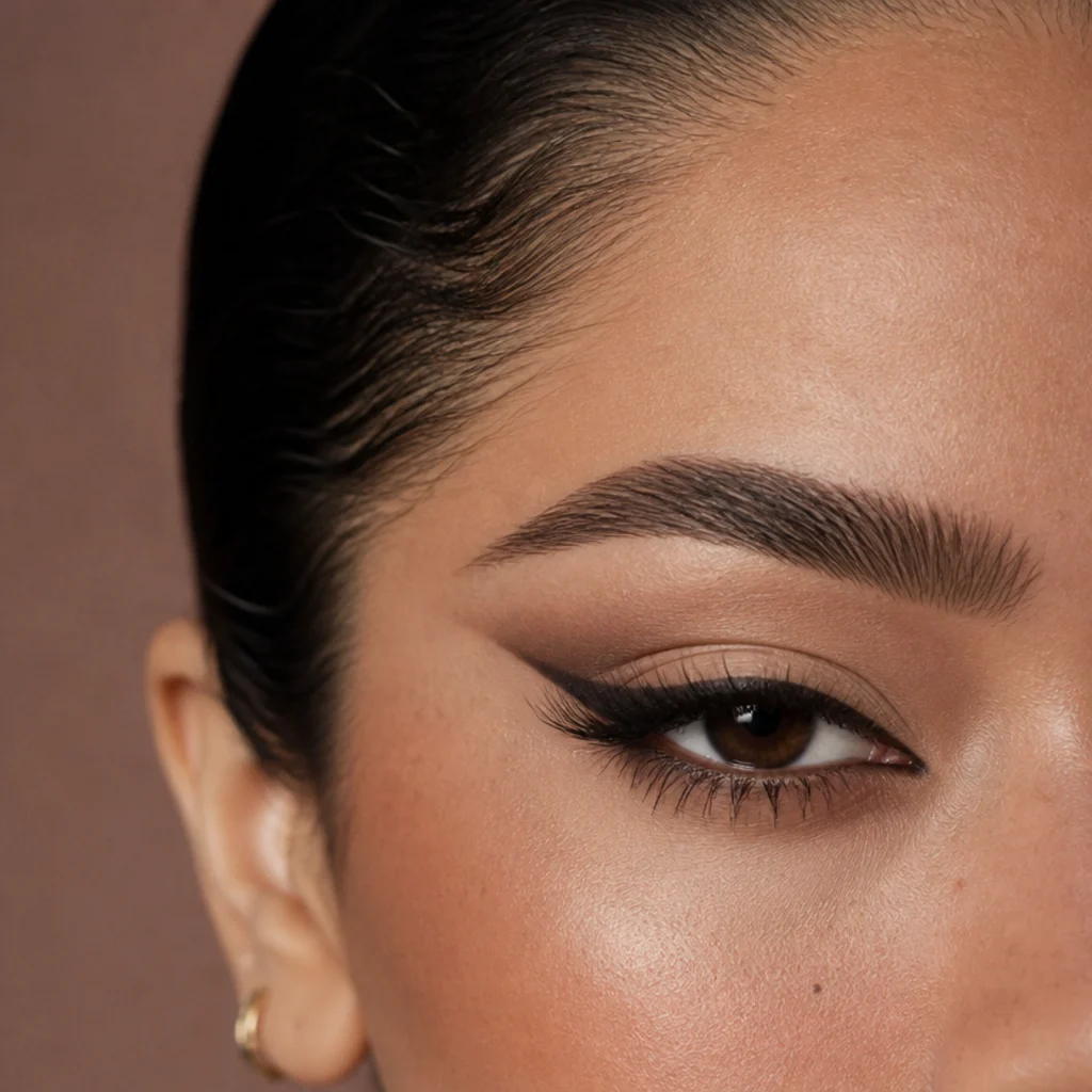 Oval face with a sharp editorial eyebrow arch and crisp defined tail