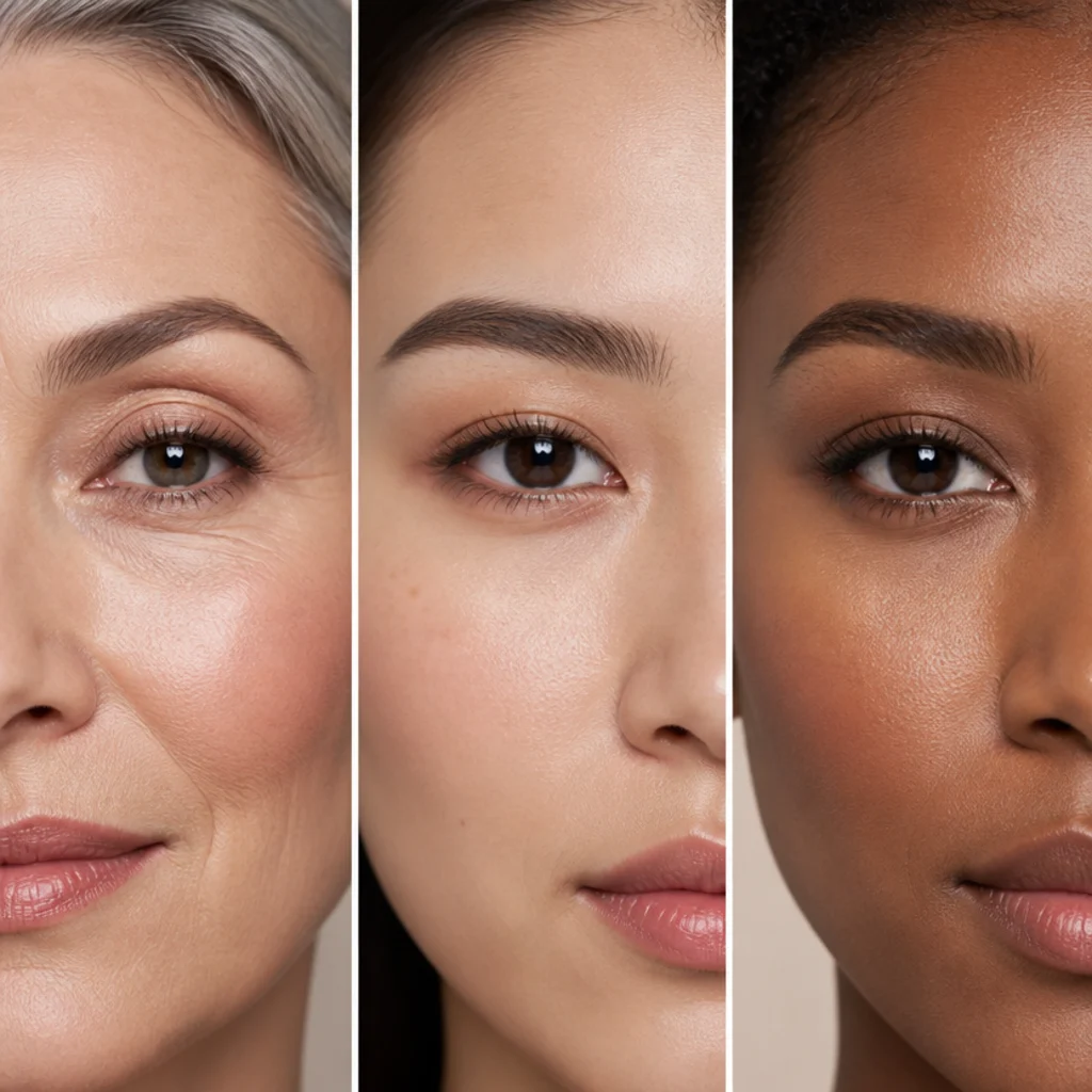 Editorial close-up grid of diverse models showing different eyebrow shapes matched to hooded, almond, and round eyes
