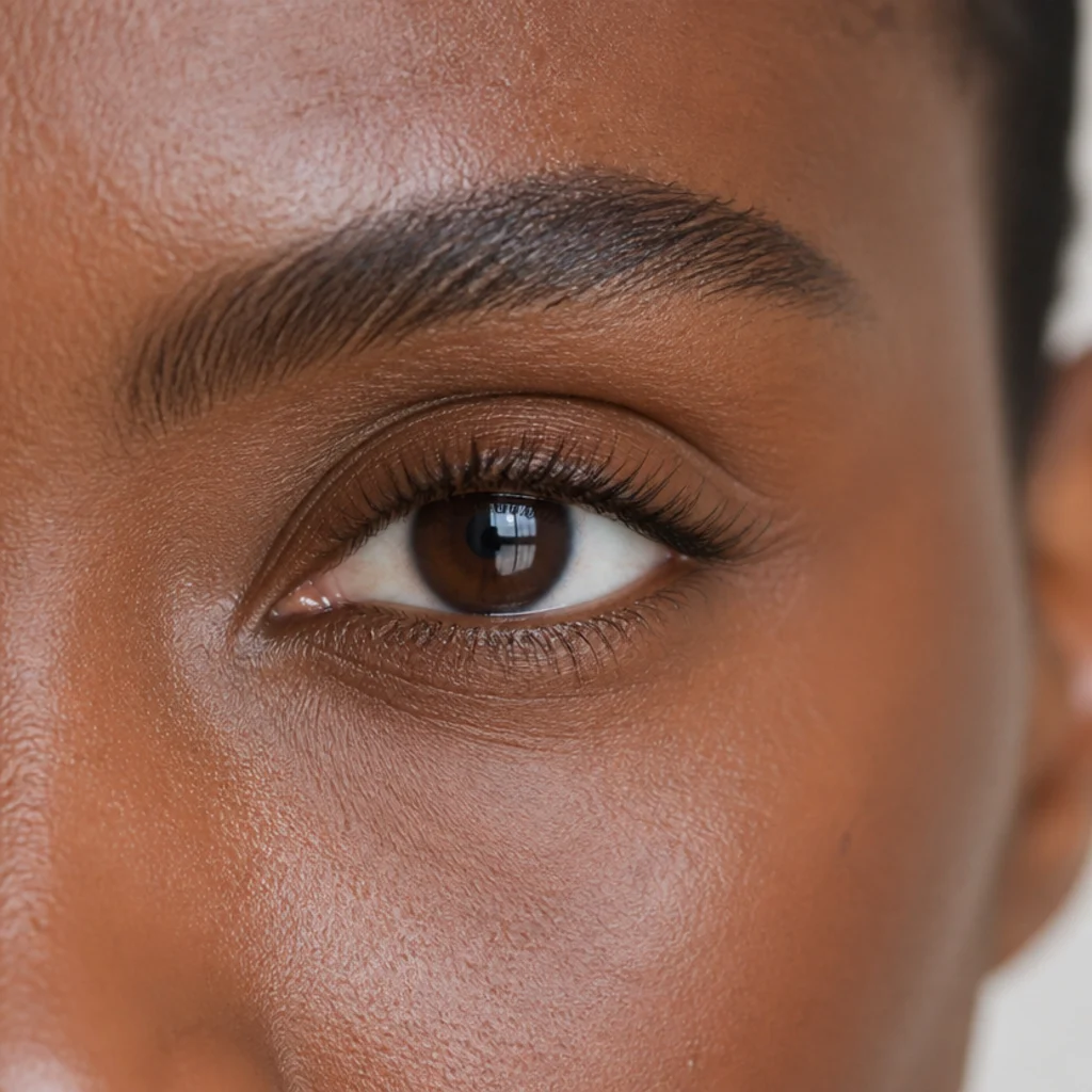 Close crop of an upper waterline tightlined with dark brown pencil on almond eyes for a natural lash-density effect