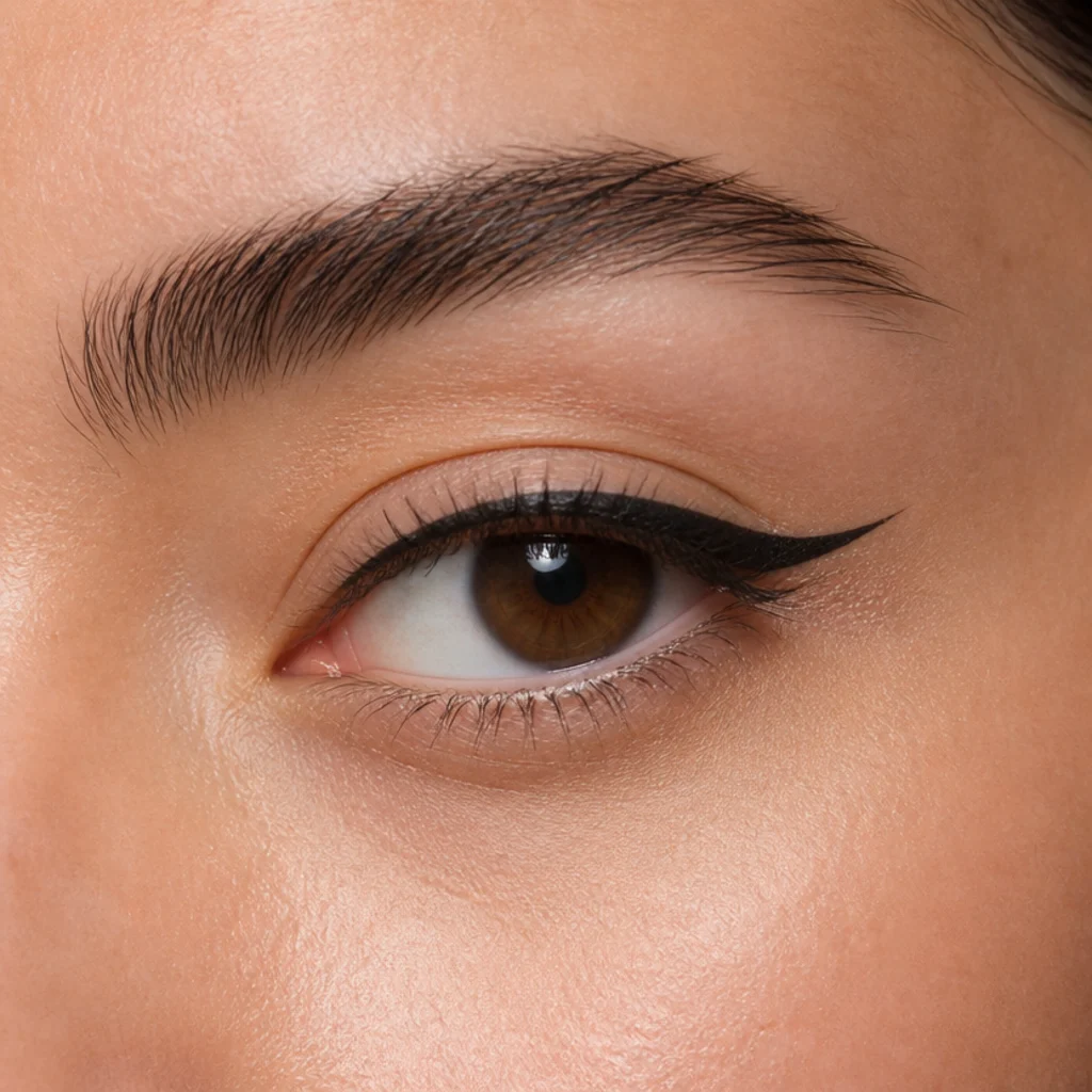 Hooded eye held open showing a floating winged liner drawn above the natural crease so the flick stays visible