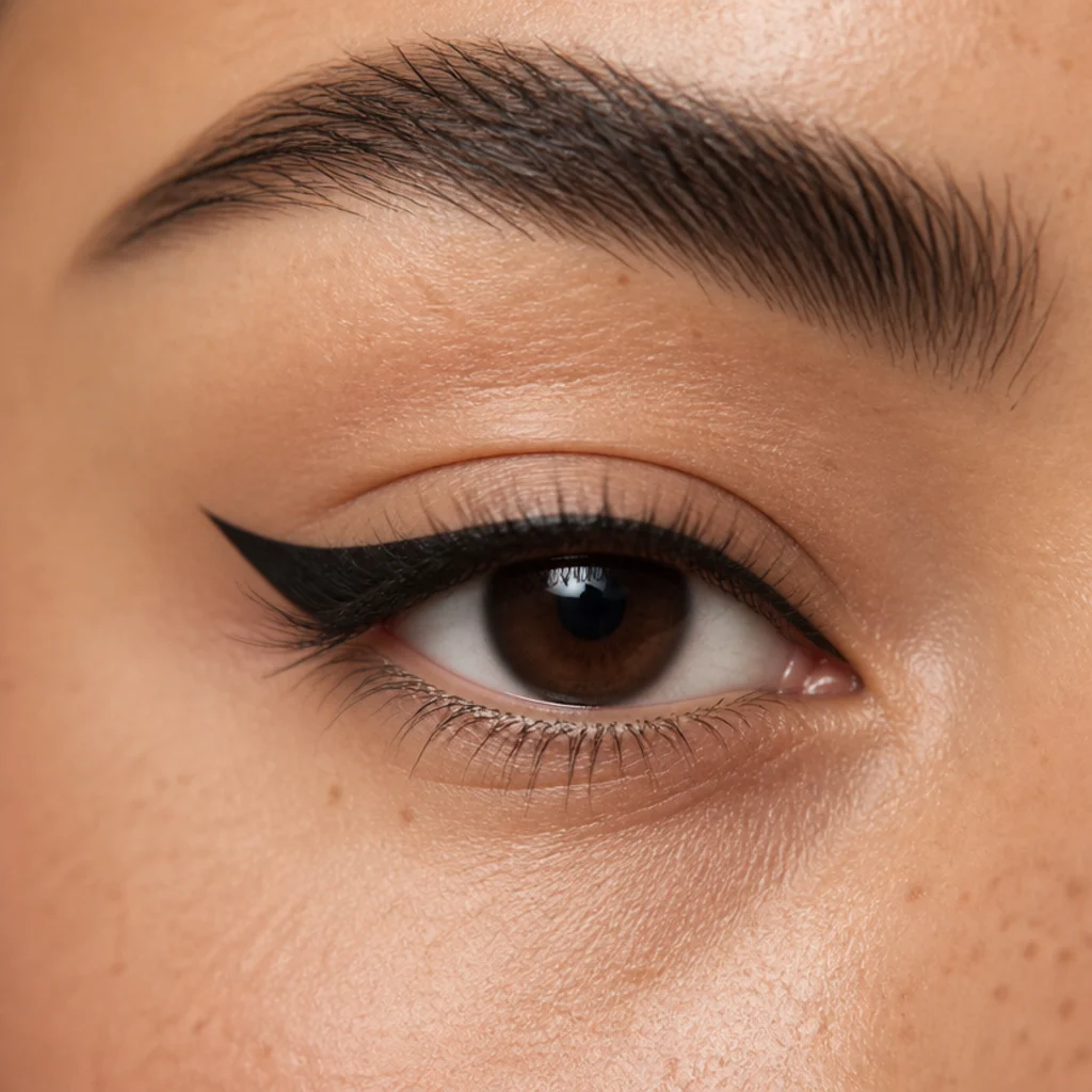 Almond eye with a clean black cat-eye wing following the lower lash line outward for a lifted symmetrical shape