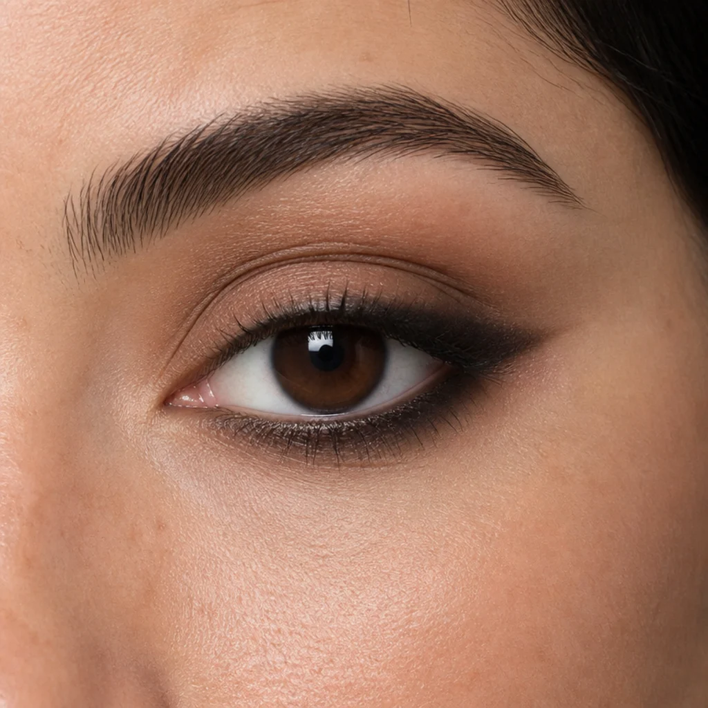 Round eyes wrapped with liner along upper and lower lash lines and a short elongating tail to lengthen the shape