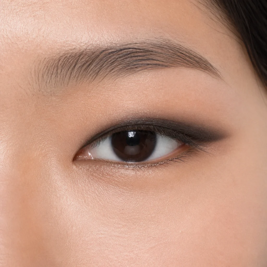 Monolid eye with a smudged gradient of liner that is thicker at the lash line and fades upward to stay visible when open