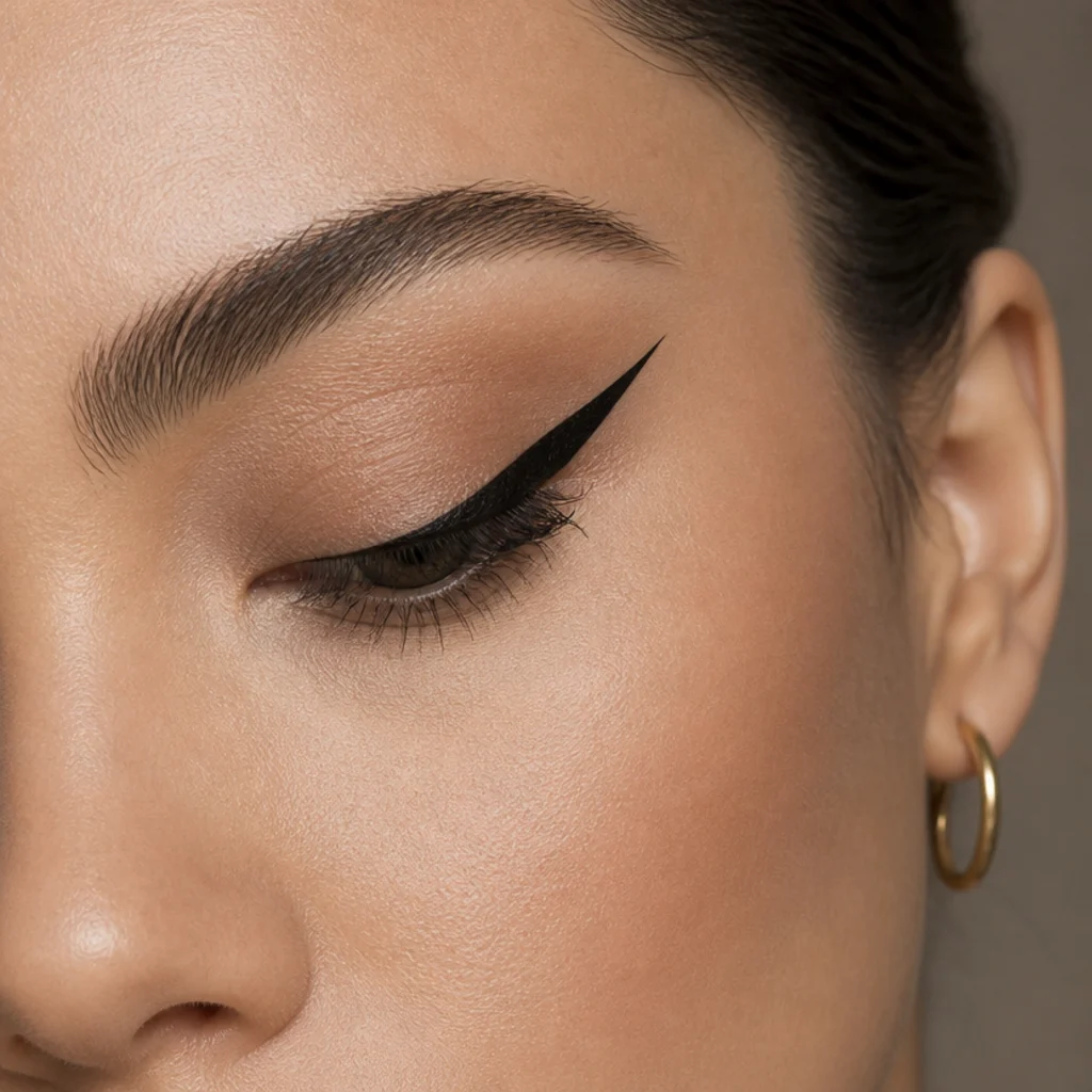 Downturned eyes with an upward flick at the outer corner lifting the natural droop for a wide-awake finish