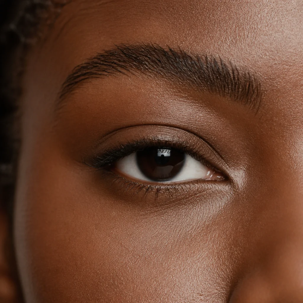Deep-set eyes with a soft smoked pencil line kept thin to avoid closing in the naturally recessed lid