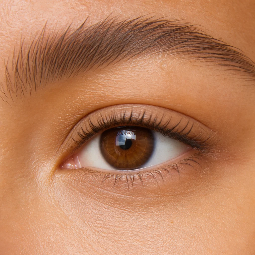 Almond eye combining a tightlined waterline with a thin line stamped between upper lashes for even lash density