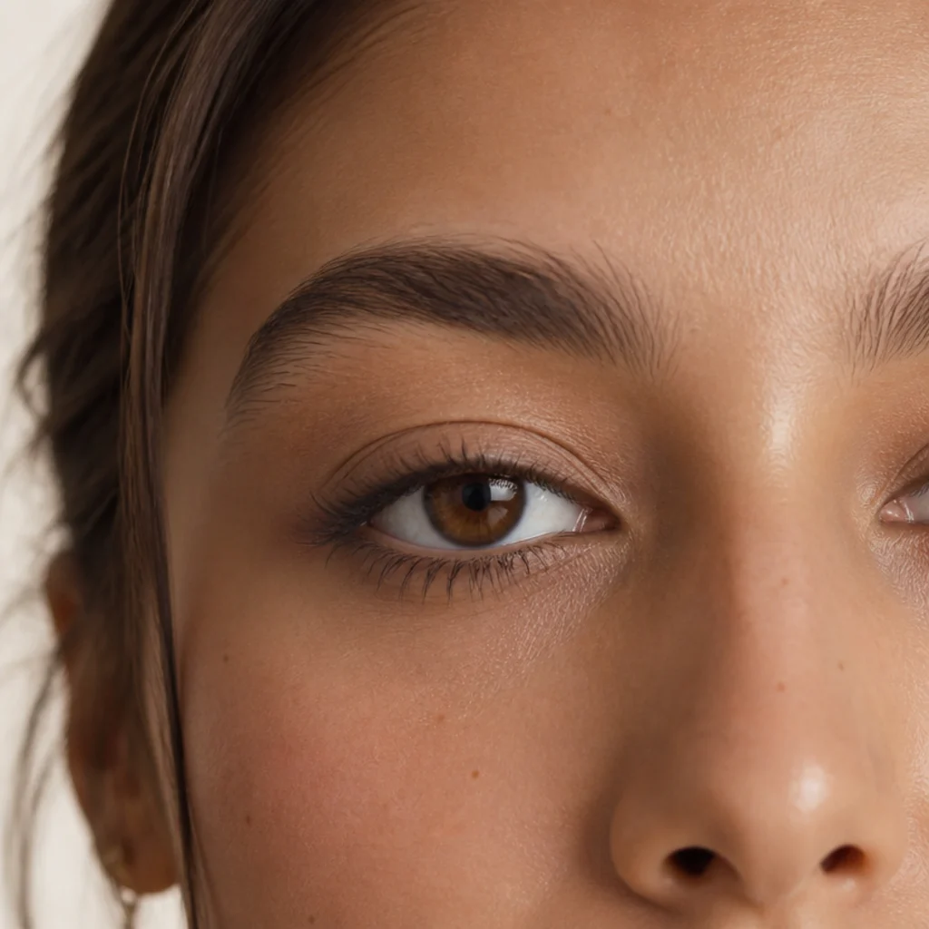 Wide-set eyes with liner concentrated at the inner corners and along the full upper lash line to visually center them
