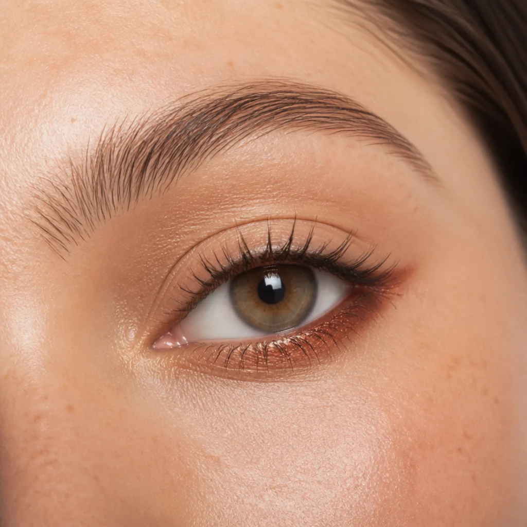 Round eyes with a soft jewel-toned liner smudged along the lower lash line for a pop of color