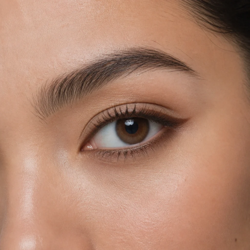 Almond eyes with a downward-softened puppy liner extending the lower line for a gentle innocent finish