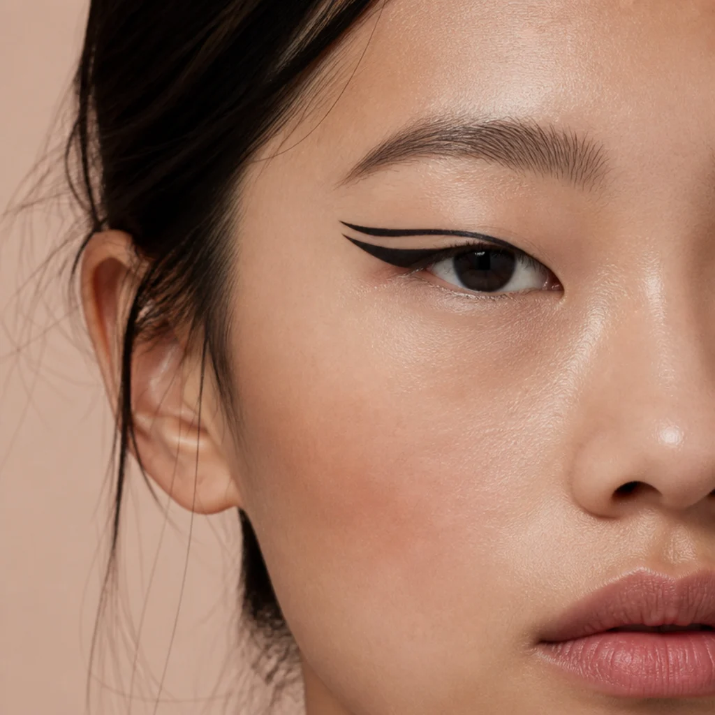 Monolid eye featuring a bold graphic double wing with a negative-space gap between two clean liner lines