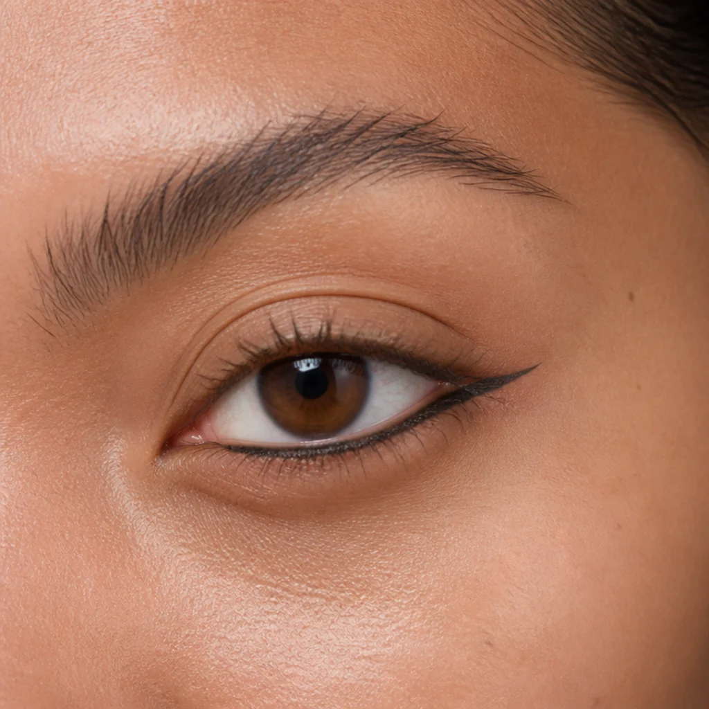 Almond eyes with reverse liner along only the lower lash line and a bare upper lid for a modern minimal look